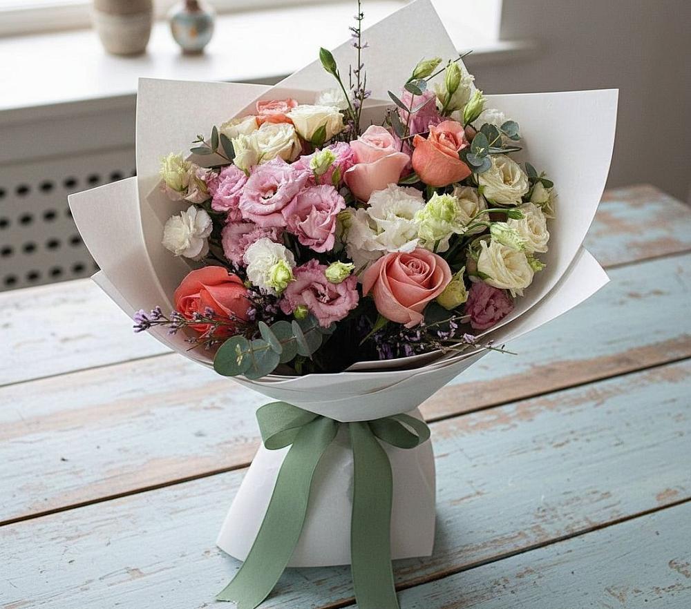 Букет цветов из: Розы, Лизиантусы и Гвоздики в Боргустанской