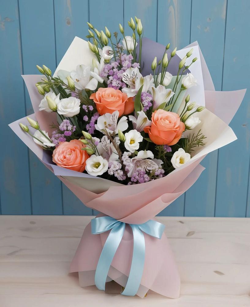 Букет цветов из: Лизиантусы, Розы, Альстромерии и Гипсофила в Боргустанской