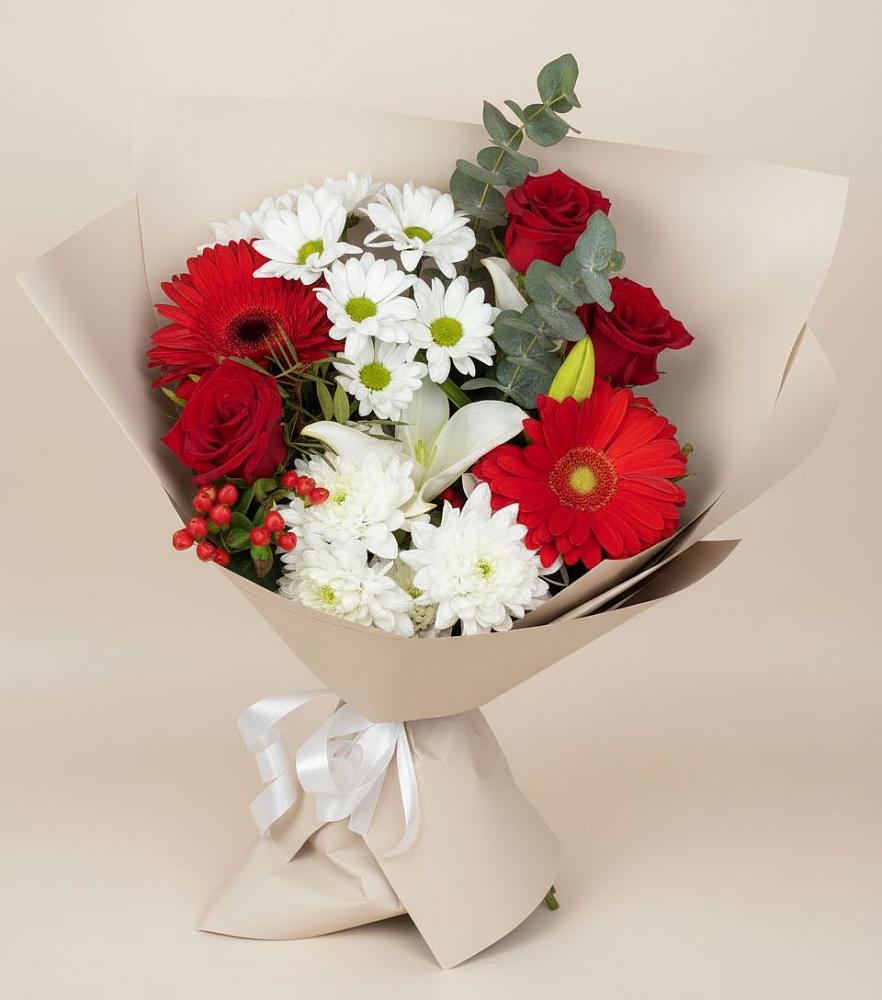 Букет цветов из: Розы, Хризантемы, Герберы и Лилии в Боргустанской