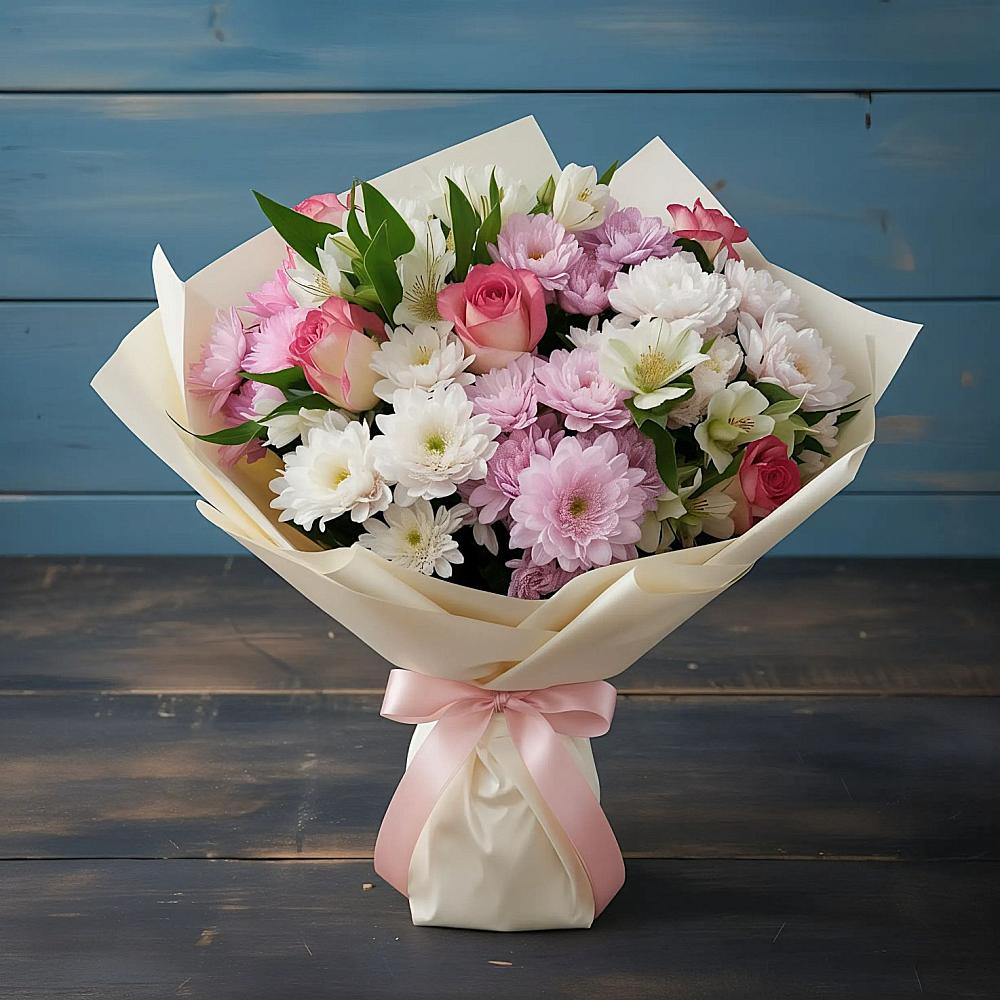 Букет цветов из: Хризантемы, Альстромерии и Розы в Боргустанской